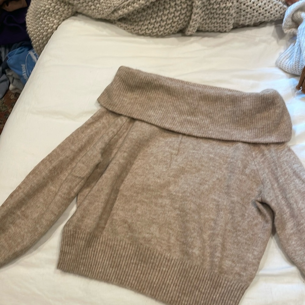 cute off the shoulder tan sweater